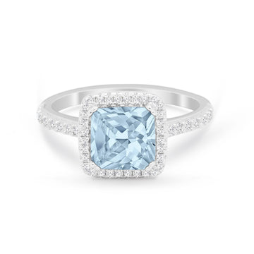 Halo Princess Cut Wedding Ring Simulated Aquamarine CZ 925 Sterling Silver
